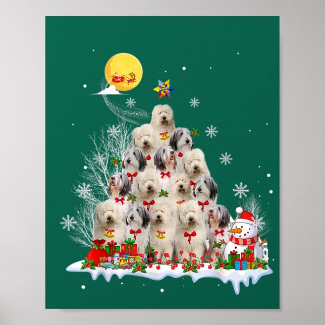 Old English Sheepdog Dog Reindeer Pine Christmas Poster (Front)