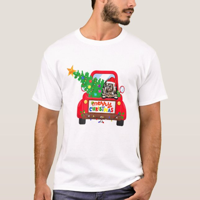 Old English Sheepdog Dog Riding Red Truck Christma T-Shirt (Front)
