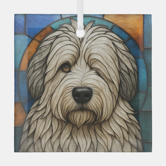 Old English Sheepdog Dog "Stained Glass" Glass Tree Decoration (Front)
