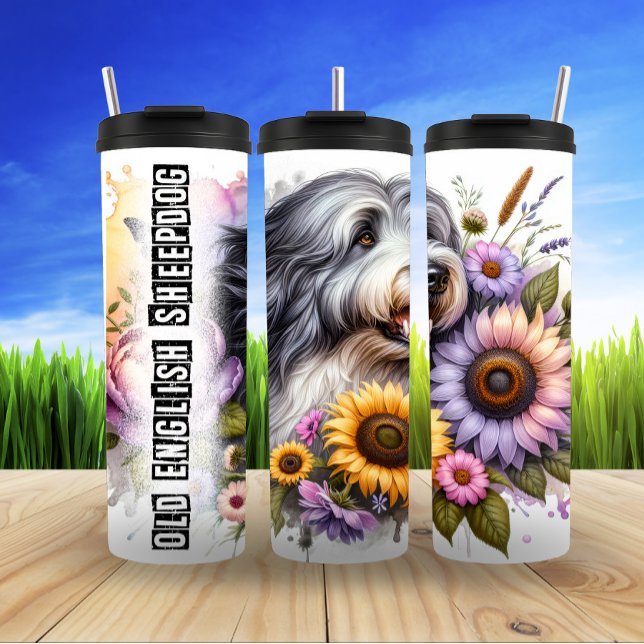 Old English Sheepdog Floral Charm Thermal Tumbler (Creator Uploaded)