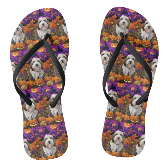 Old English Sheepdog Halloween Witch Pumpkin Flip Flops (Footbed)