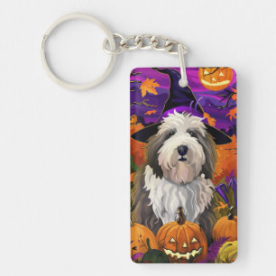Old English Sheepdog Halloween Witch Pumpkin Key Ring
