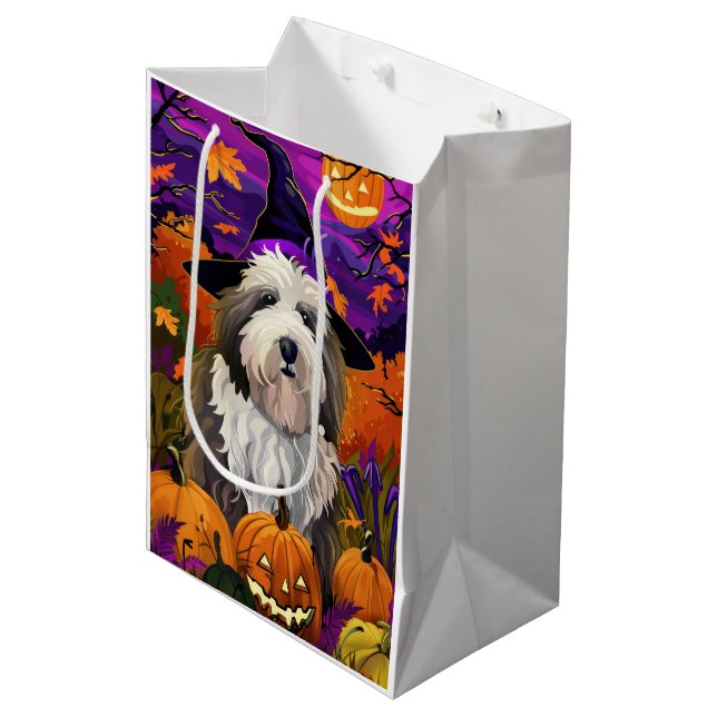 Old English Sheepdog Halloween Witch Pumpkin Medium Gift Bag (Front Angled)
