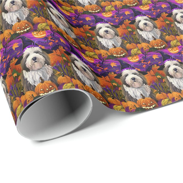 Old English Sheepdog Halloween Witch Pumpkin Wrapping Paper (Roll Corner)