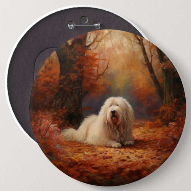 Old English Sheepdog in Autumn Leaves Fall Inspire 6 Cm Round Badge (Front & Back)