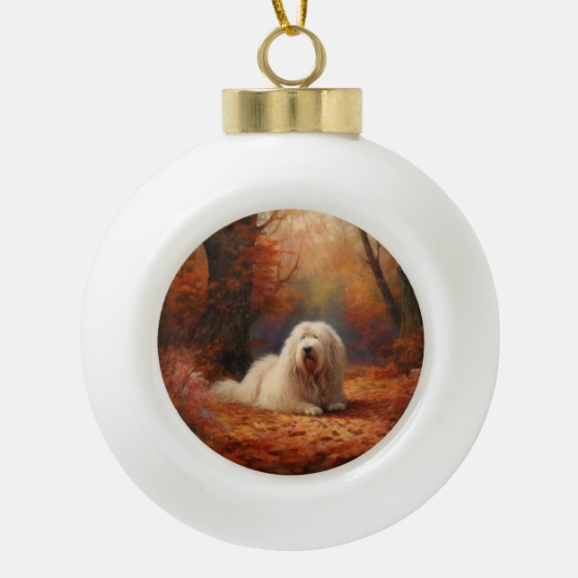 Old English Sheepdog in Autumn Leaves Fall Inspire Ceramic Ball Christmas Ornament (Front)
