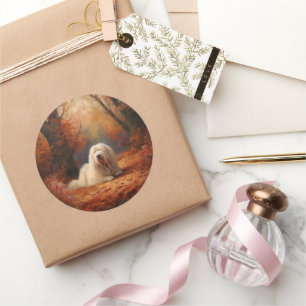 Old English Sheepdog in Autumn Leaves Fall Inspire Classic Round Sticker