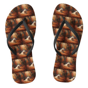 Old English Sheepdog in Autumn Leaves Fall Inspire Flip Flops