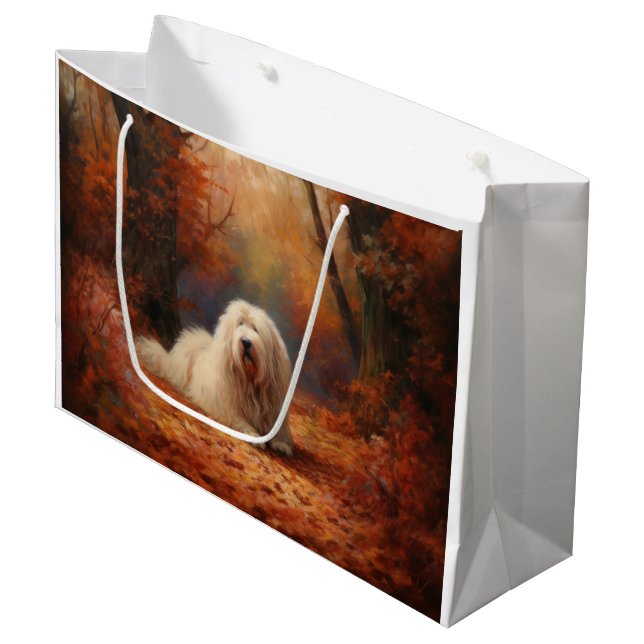 Old English Sheepdog in Autumn Leaves Fall Inspire Large Gift Bag (Front Angled)