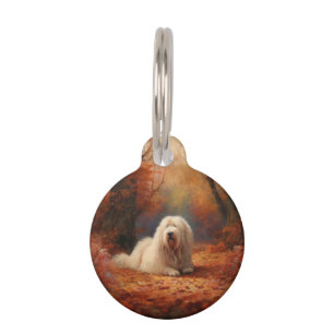 Old English Sheepdog in Autumn Leaves Fall Inspire Pet Tag