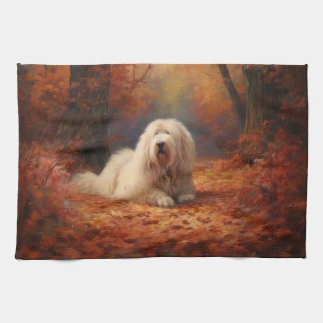 Old English Sheepdog in Autumn Leaves Fall Inspire Tea Towel (Horizontal)