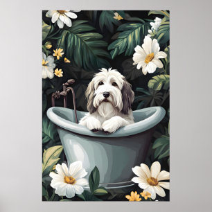 Old English Sheepdog In Bathtub Poster, Funny Dog Poster