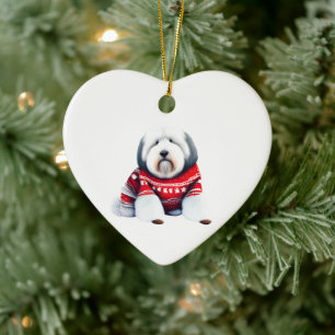 Old English Sheepdog in Christmas Sweater Ceramic Tree Decoration