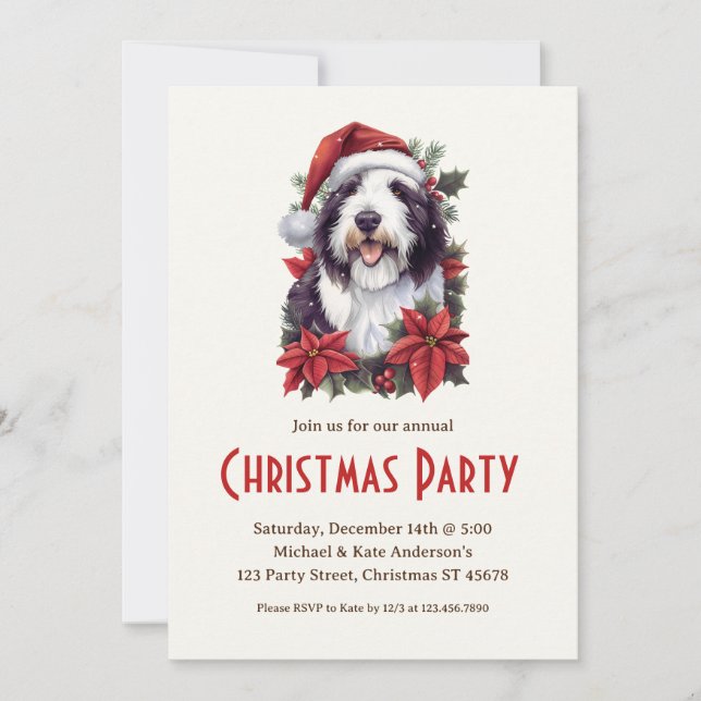 Old English Sheepdog in Santa Hat Christmas Party Invitation (Front)