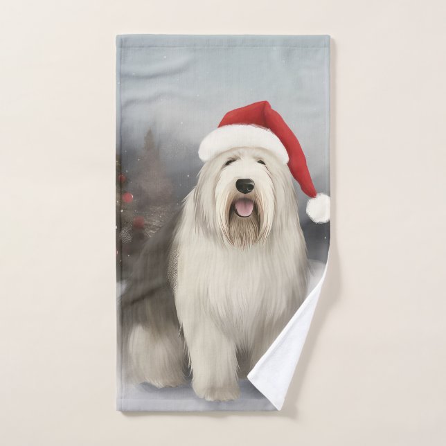 Old English Sheepdog in Snow Christmas Bath Towel Set (Hand Towel)
