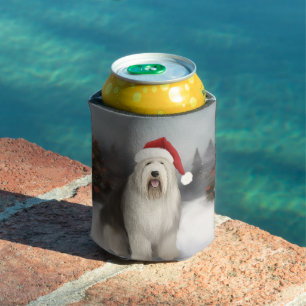 Old English Sheepdog in Snow Christmas Can Cooler