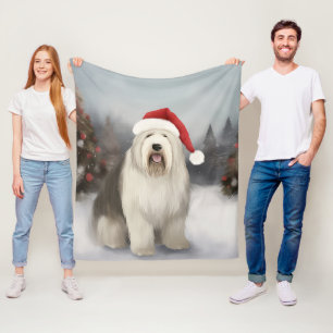 Old English Sheepdog in Snow Christmas Fleece Blanket