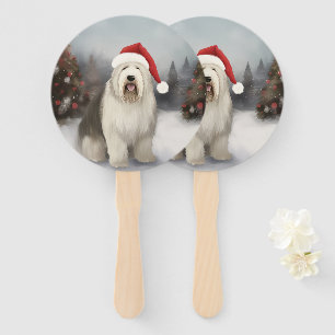 Old English Sheepdog in Snow Christmas Hand Fan