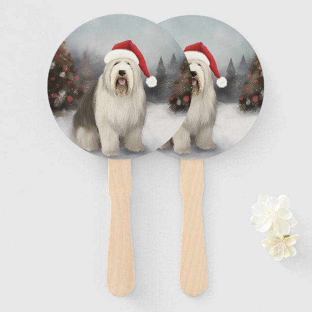 Old English Sheepdog in Snow Christmas Hand Fan (Front and Back)
