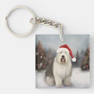 Old English Sheepdog in Snow Christmas Key Ring