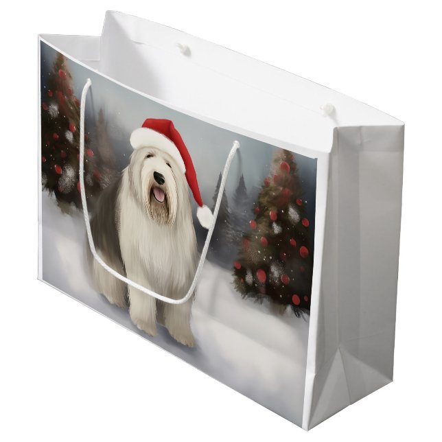 Old English Sheepdog in Snow Christmas Large Gift Bag (Front Angled)