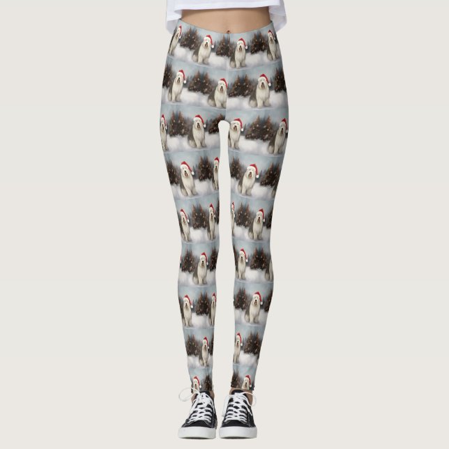 Old English Sheepdog in Snow Christmas Leggings (Front)