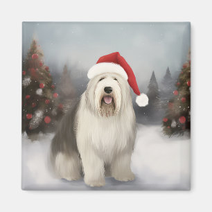 Old English Sheepdog in Snow Christmas Magnet