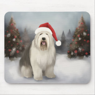 Old English Sheepdog in Snow Christmas Mouse Mat