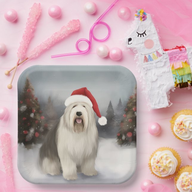 Old English Sheepdog in Snow Christmas Paper Plate (Party)
