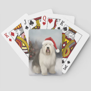 Old English Sheepdog in Snow Christmas Playing Cards