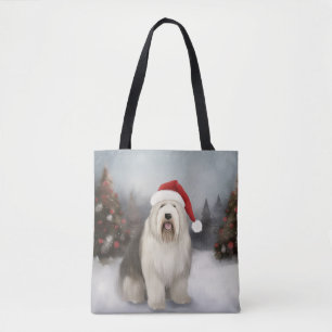 Old English Sheepdog in Snow Christmas Tote Bag