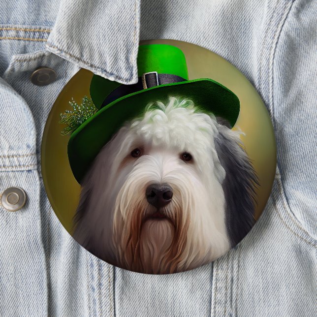 Old English Sheepdog in St. Patrick's Day Dress 6 Cm Round Badge (In Situ)