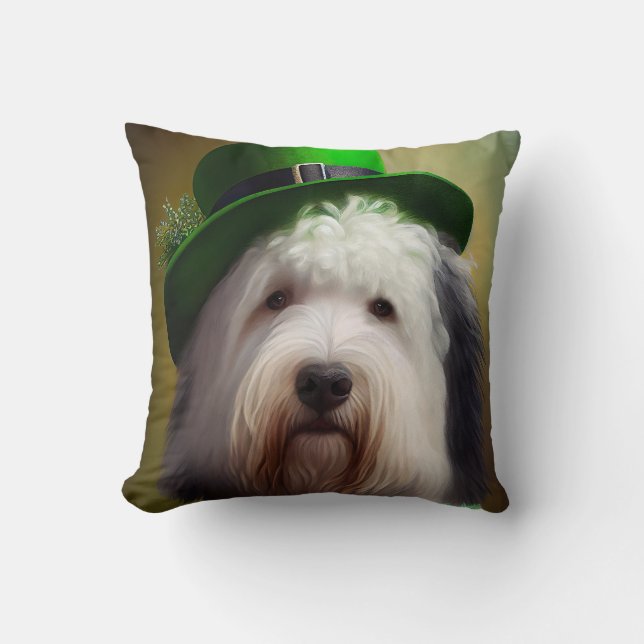 Old English Sheepdog in St. Patrick's Day Dress  Cushion (Front)