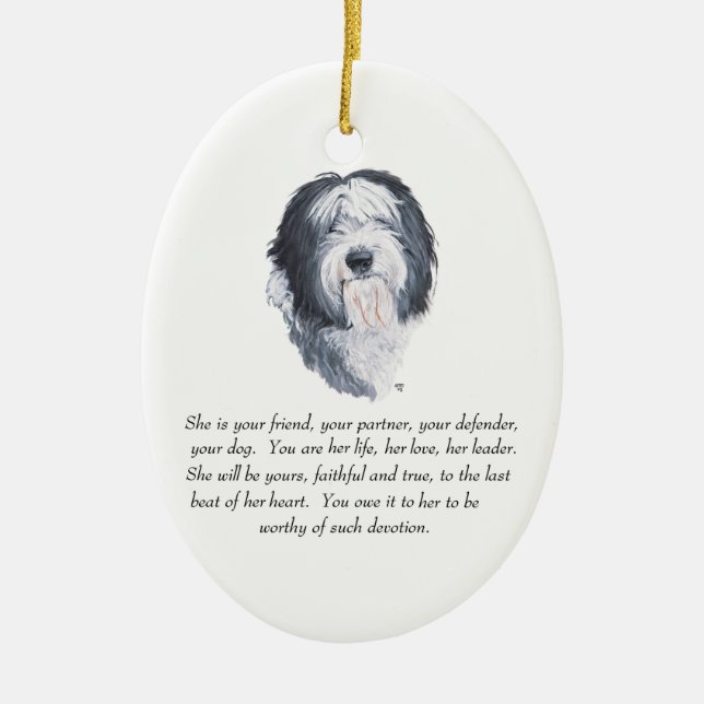 Old English Sheepdog Keepsake - Female Ceramic Tree Decoration (Front)