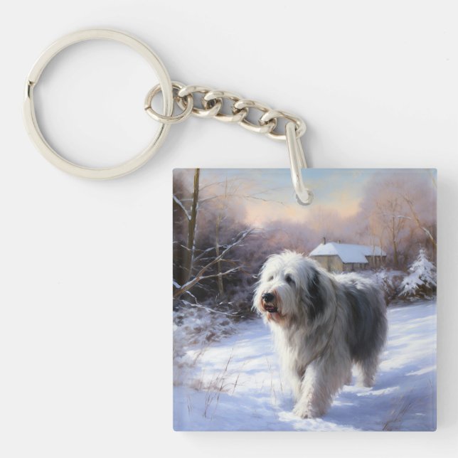 Old English Sheepdog Let It Snow Christmas Key Ring (Front)