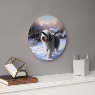 Old English Sheepdog Let It Snow Christmas Large Clock