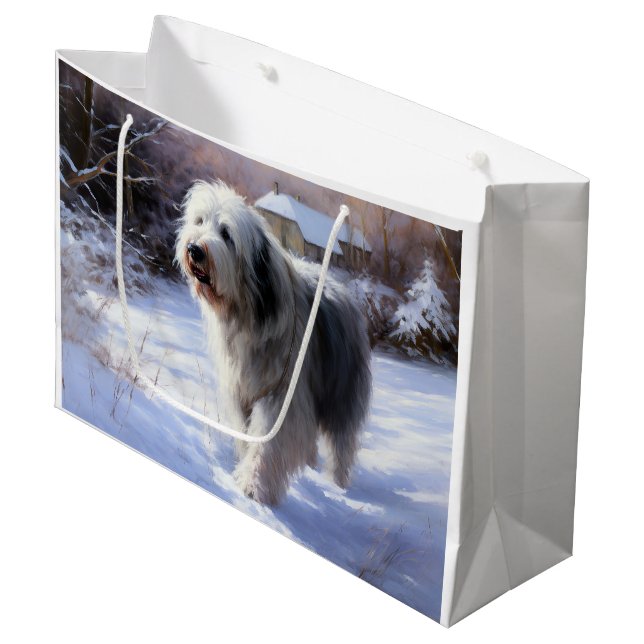 Old English Sheepdog Let It Snow Christmas Large Gift Bag (Front Angled)