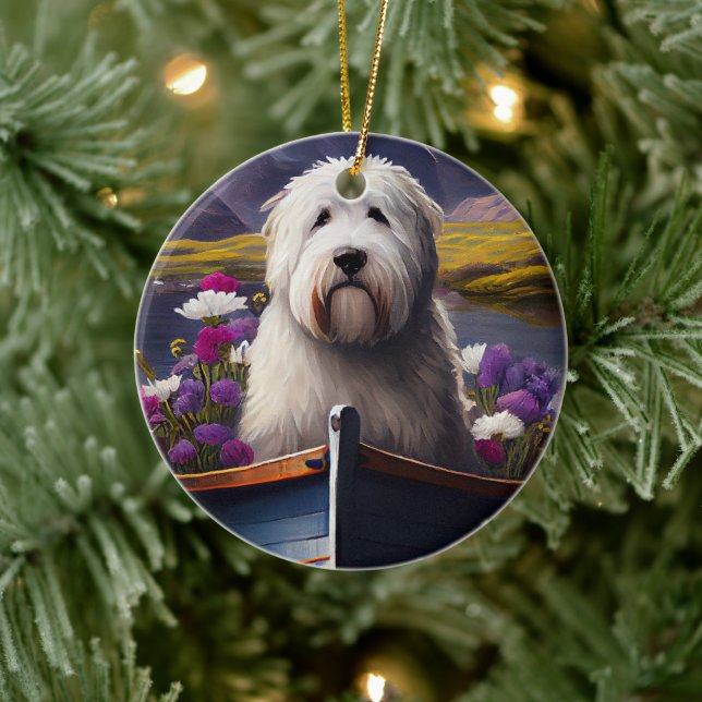 Old English Sheepdog on Paddle: A Scenic Adventure Ceramic Tree Decoration (Tree)