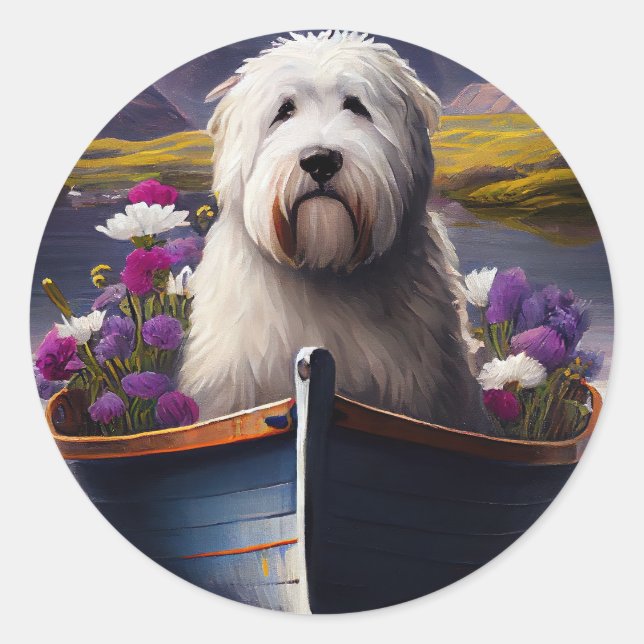 Old English Sheepdog on Paddle: A Scenic Adventure Classic Round Sticker (Front)