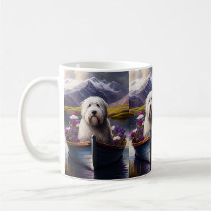Old English Sheepdog on Paddle: A Scenic Adventure Coffee Mug
