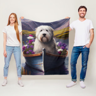 Old English Sheepdog on Paddle: A Scenic Adventure Fleece Blanket