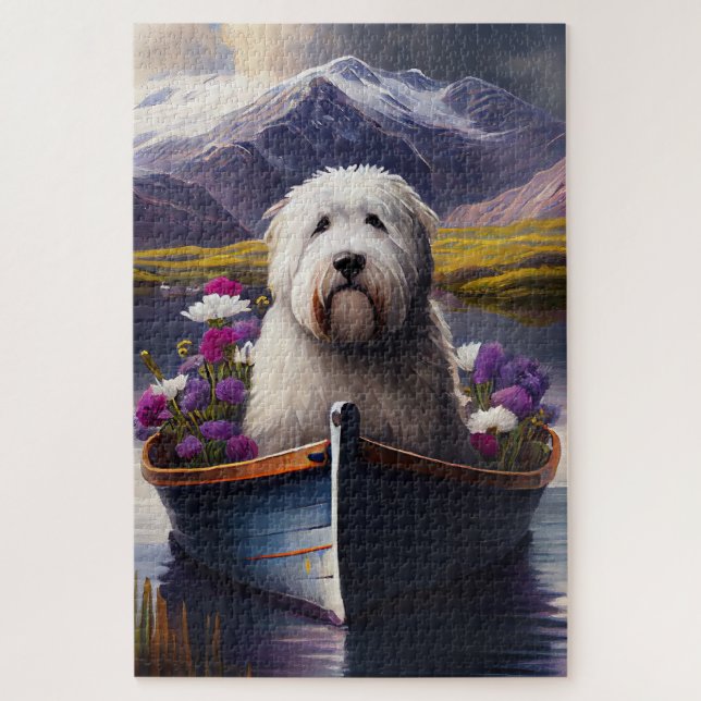 Old English Sheepdog on Paddle: A Scenic Adventure Jigsaw Puzzle (Vertical)