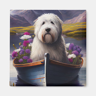 Old English Sheepdog on Paddle: A Scenic Adventure Magnet