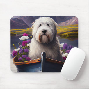 Old English Sheepdog on Paddle: A Scenic Adventure Mouse Mat