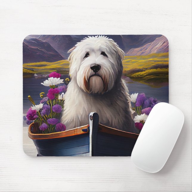 Old English Sheepdog on Paddle: A Scenic Adventure Mouse Mat (With Mouse)