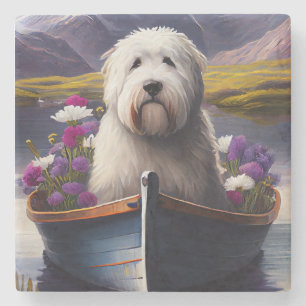 Old English Sheepdog on Paddle: A Scenic Adventure Stone Coaster