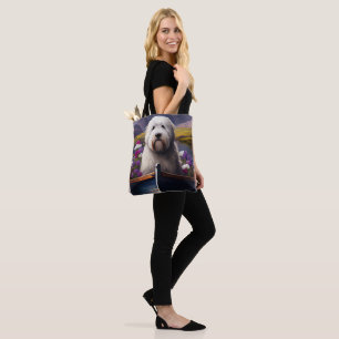 Old English Sheepdog on Paddle: A Scenic Adventure Tote Bag