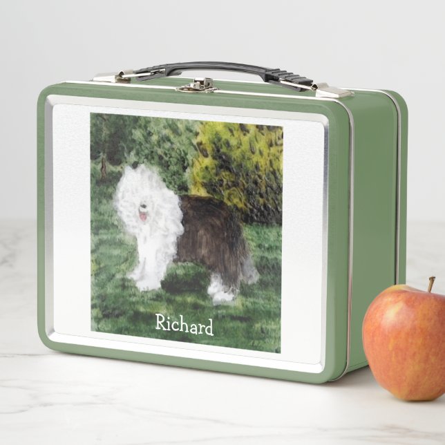 Old English Sheepdog Painting Personalised Metal Lunch Box (In Situ)