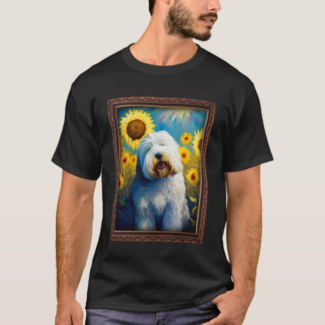 Old English Sheepdog Painting Sunflower Flower Mum T-Shirt (Front)
