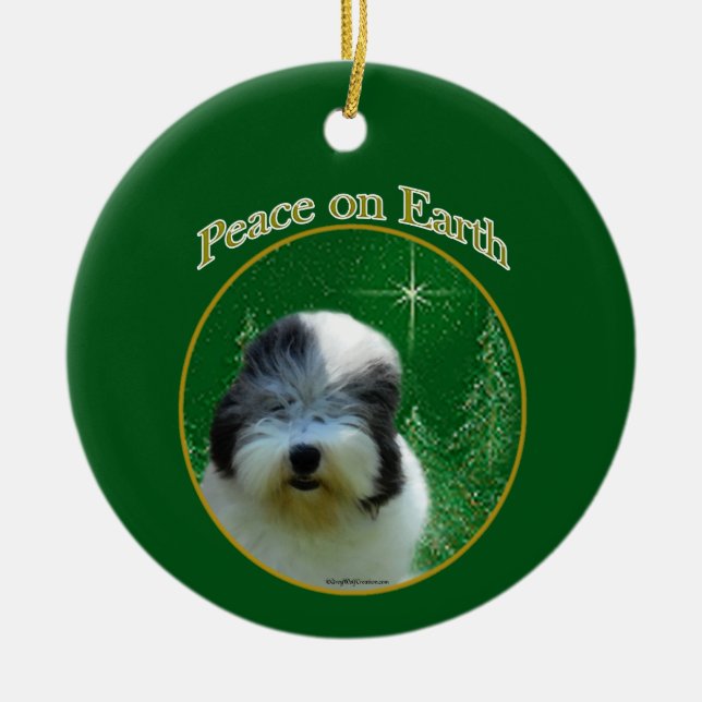 Old English Sheepdog Peace Ceramic Tree Decoration (Front)